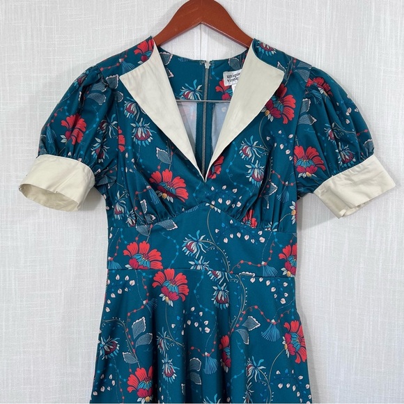 Unique Vintage Teal & Red Floral Chain Print Retro Swing Dress Size M - Picture 4 of 16
